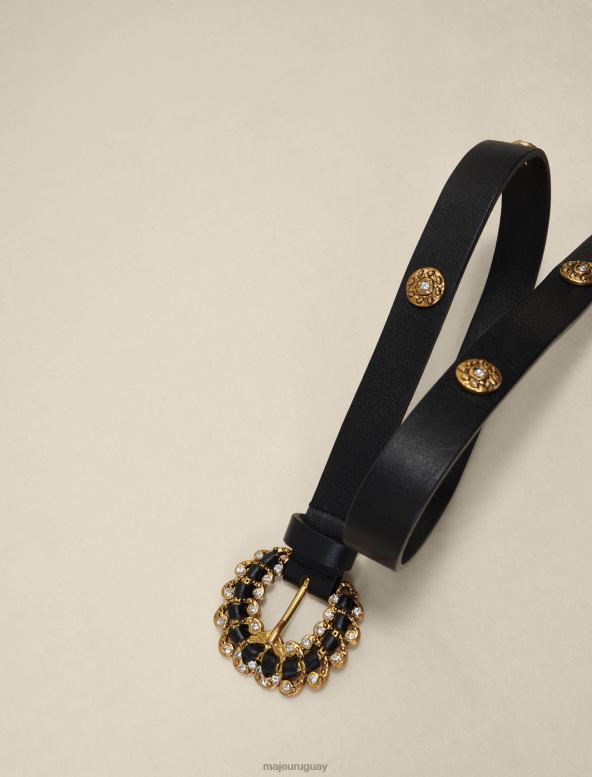Maje cinturón de cuero con pedrería accesorio negro mujer 2J08B549