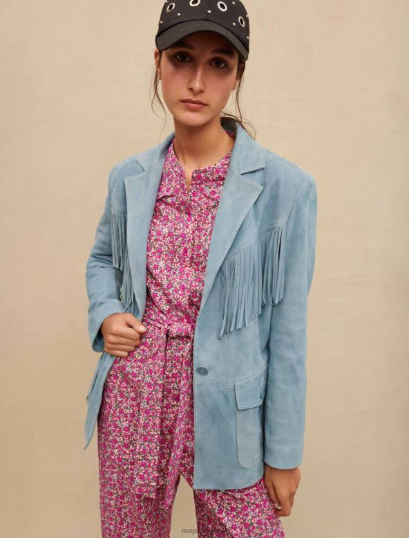 Maje chaqueta de piel de ante con flecos ropa azul mujer 2J08B329