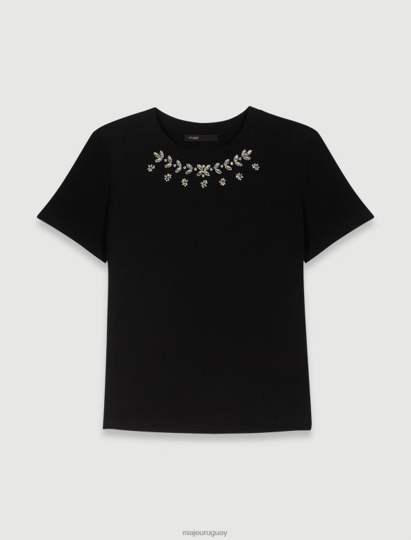 Maje Camiseta 100% algodón con pedrería ropa negro mujer 2J08B35