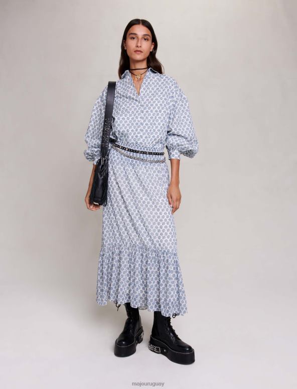 Maje falda larga asimétrica ropa monograma de trébol crudo/azul mujer 2J08B85