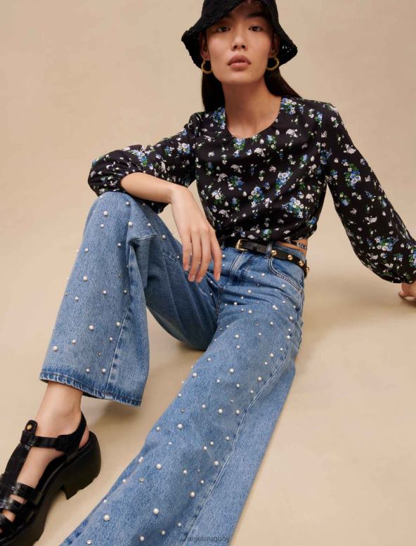 Maje jeans anchos con adornos de cuentas ropa azul mujer 2J08B393