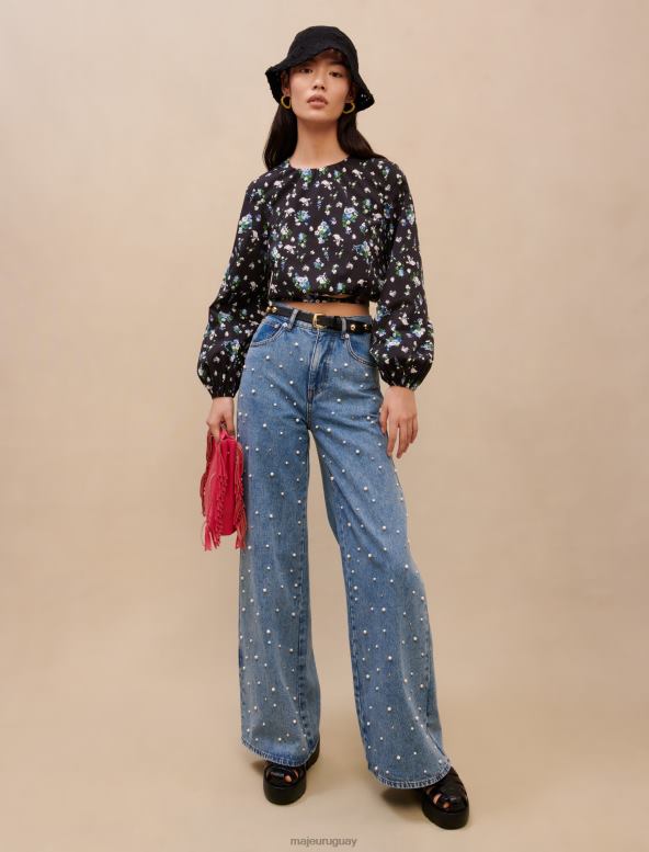 Maje jeans anchos con adornos de cuentas ropa azul mujer 2J08B393