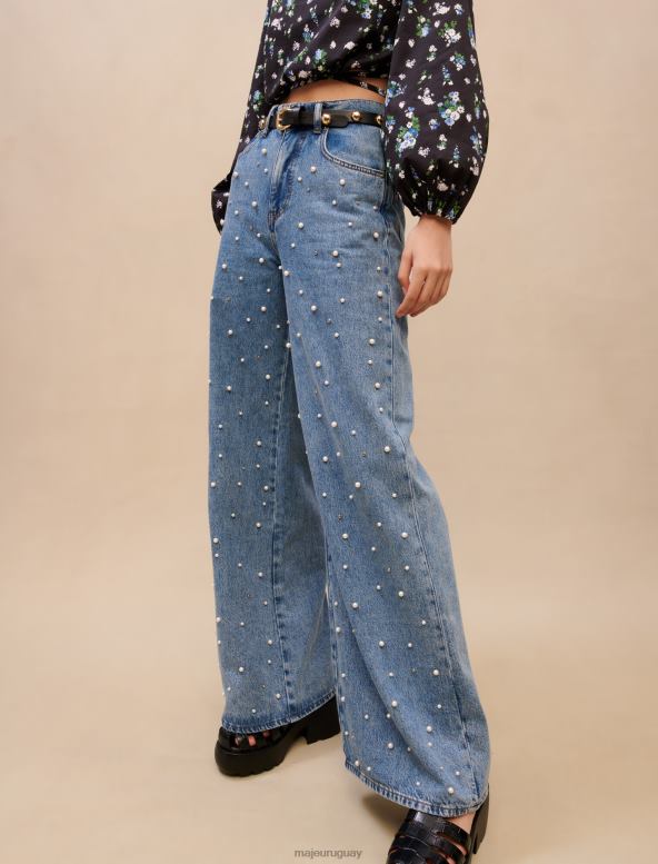 Maje jeans anchos con adornos de cuentas ropa azul mujer 2J08B393
