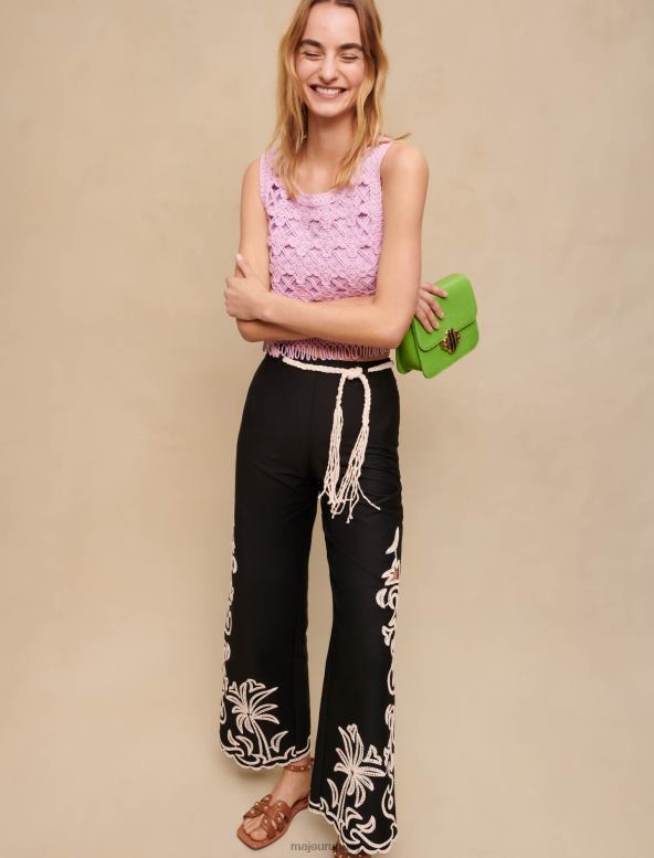 Maje pantalones con bordado de palmeras ropa negro mujer 2J08B245
