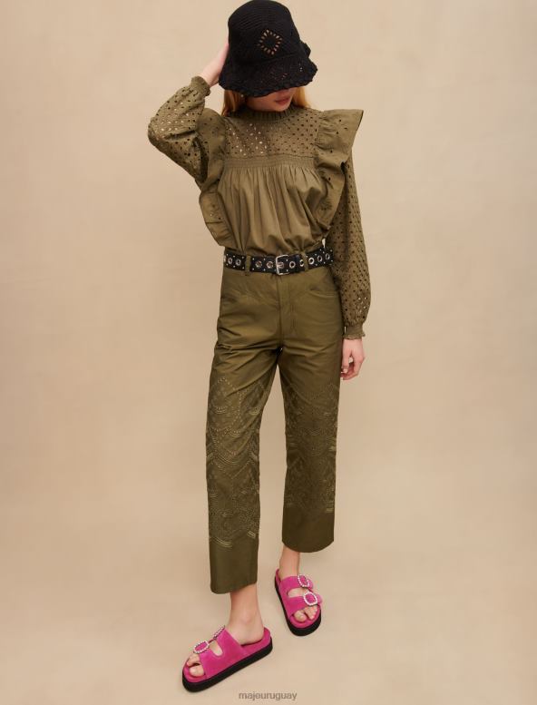 Maje pantalones de algodón bordados ropa caqui mujer 2J08B286