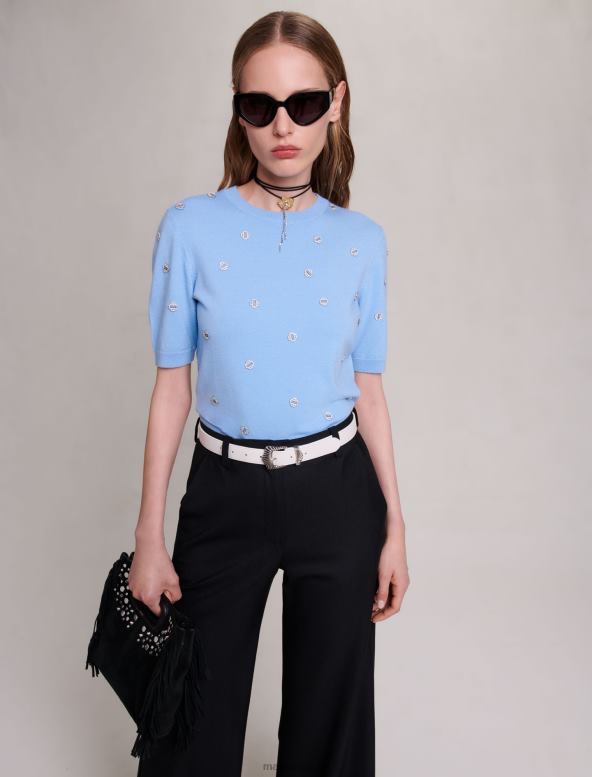 Maje suéter adornado con pedrería ropa azul mujer 2J08B83