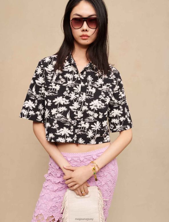 Maje camisa corta con estampado de palmeras ropa palma negra mujer 2J08B235