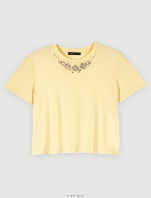 Maje camiseta de algodón con cuello joya ropa amarillo mujer 2J08B340