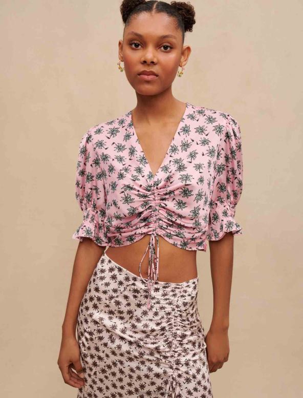 Maje top corto con estampado de palmeras ropa palmera rosa mujer 2J08B200