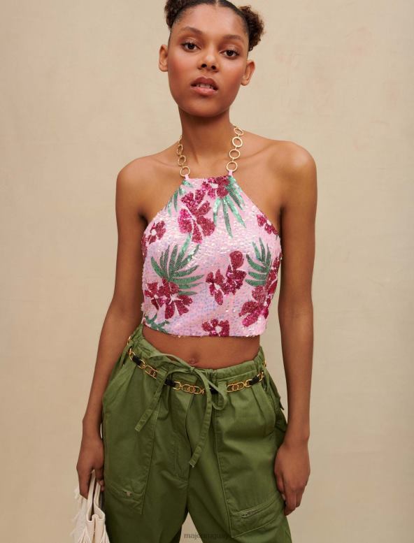 Maje top corto con lentejuelas hibisco ropa imprimir hibisco rosa mujer 2J08B161