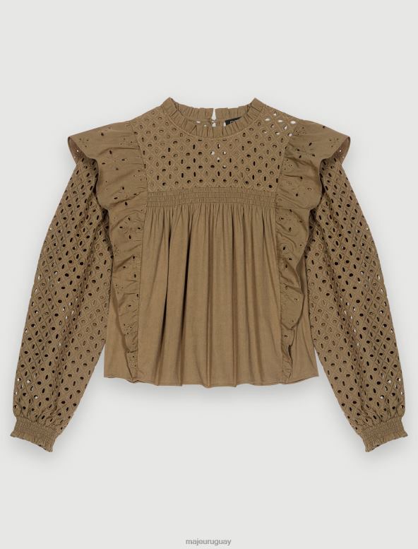 Maje top de algodón bordado con volantes ropa caqui mujer 2J08B269