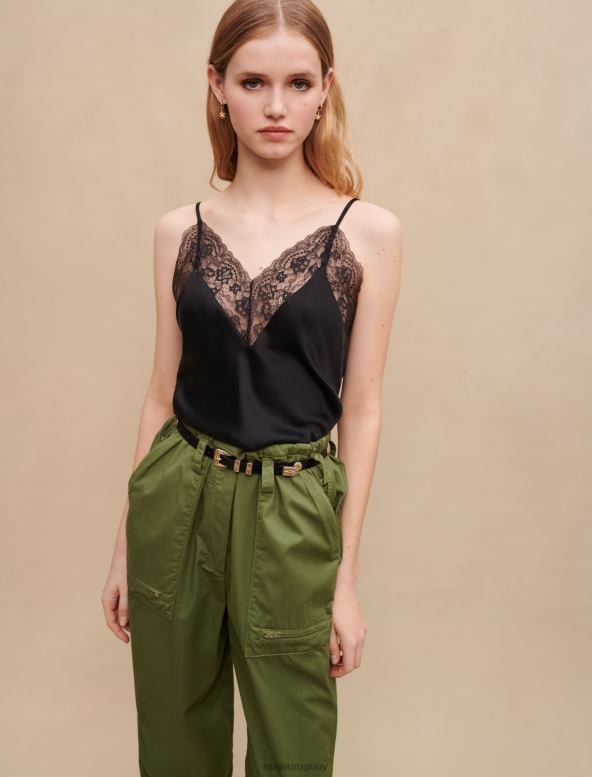 Maje top de satén de seda y encaje ropa negro mujer 2J08B112