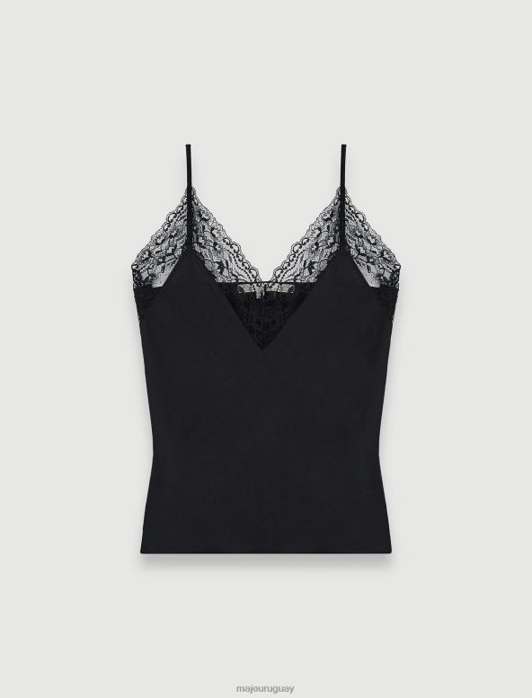 Maje top de satén de seda y encaje ropa negro mujer 2J08B112
