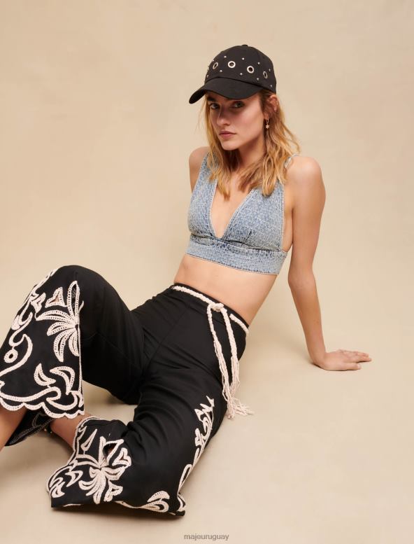 Maje top sujetador de mezclilla con pedrería ropa azul claro mujer 2J08B229