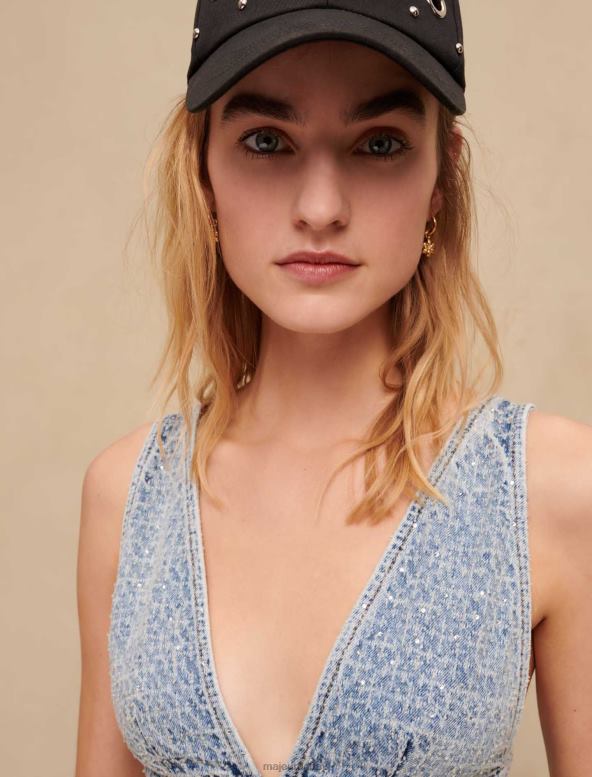 Maje top sujetador de mezclilla con pedrería ropa azul claro mujer 2J08B229
