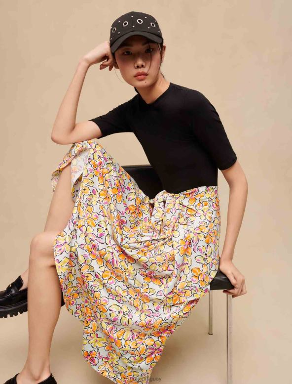 Maje falda con estampado floral y lazo ropa hibisco azul naranja mujer 2J08B226