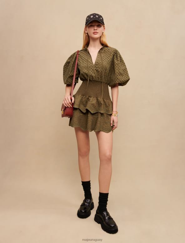 Maje vestido corto con bordado inglés ropa caqui mujer 2J08B256