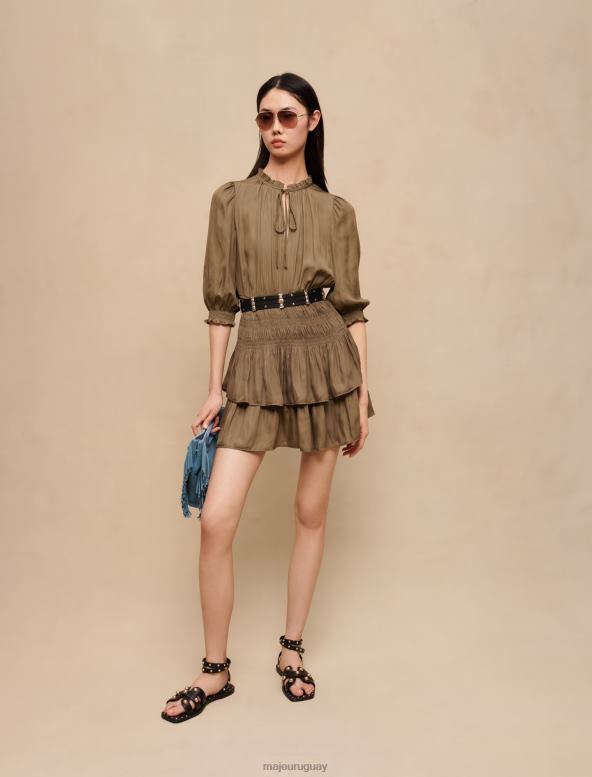 Maje vestido de raso con fruncido y volantes ropa caqui mujer 2J08B126