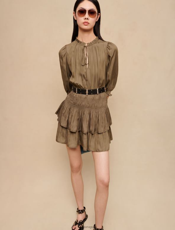 Maje vestido de raso con fruncido y volantes ropa caqui mujer 2J08B126