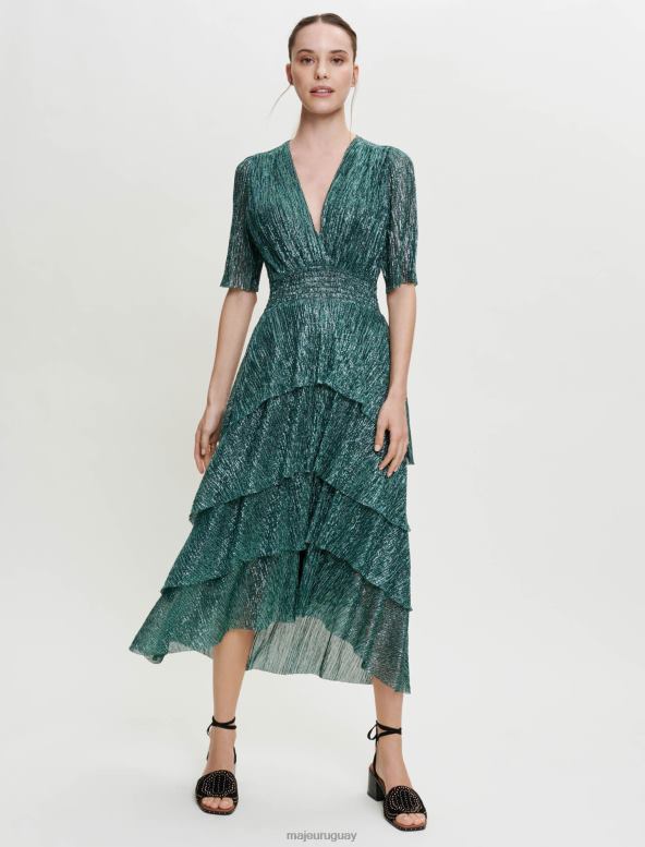 Maje vestido de tejido elástico de lúrex con volantes ropa verde mujer 2J08B127