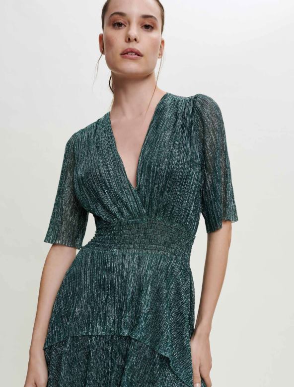 Maje vestido de tejido elástico de lúrex con volantes ropa verde mujer 2J08B127