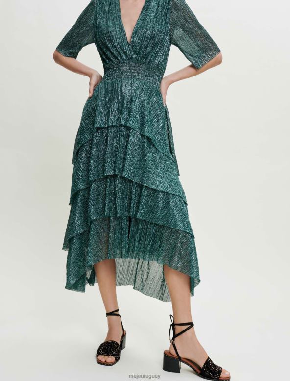 Maje vestido de tejido elástico de lúrex con volantes ropa verde mujer 2J08B127