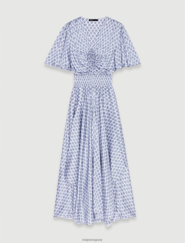 Maje vestido largo asimétrico de satén ropa monograma de trébol crudo/azul mujer 2J08B78
