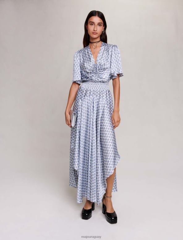 Maje vestido largo asimétrico de satén ropa monograma de trébol crudo/azul mujer 2J08B78