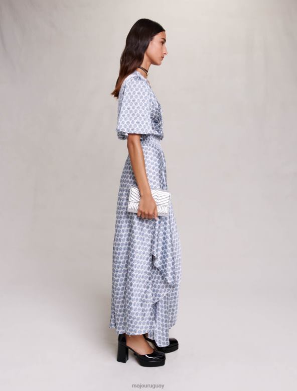 Maje vestido largo asimétrico de satén ropa monograma de trébol crudo/azul mujer 2J08B78