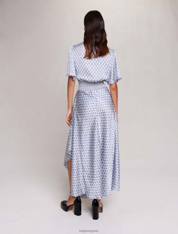Maje vestido largo asimétrico de satén ropa monograma de trébol crudo/azul mujer 2J08B78