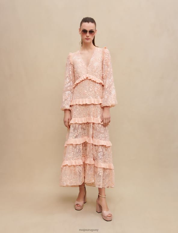 Maje vestido largo con lentejuelas y volantes ropa Rosa palido mujer 2J08B175