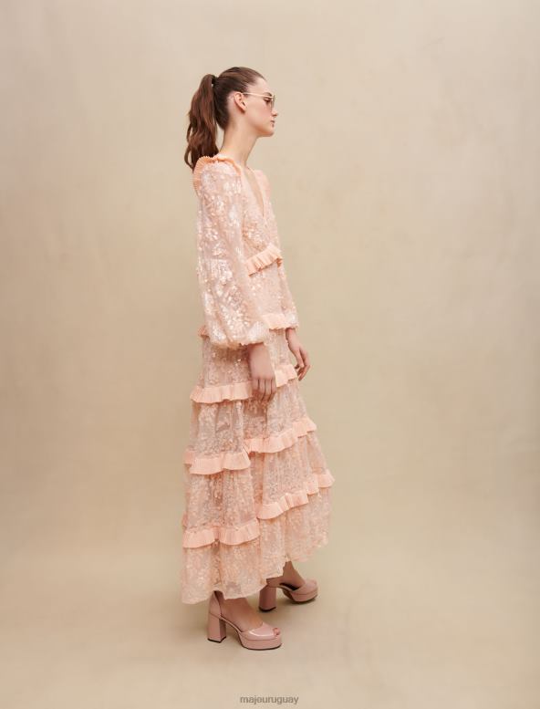 Maje vestido largo con lentejuelas y volantes ropa Rosa palido mujer 2J08B175