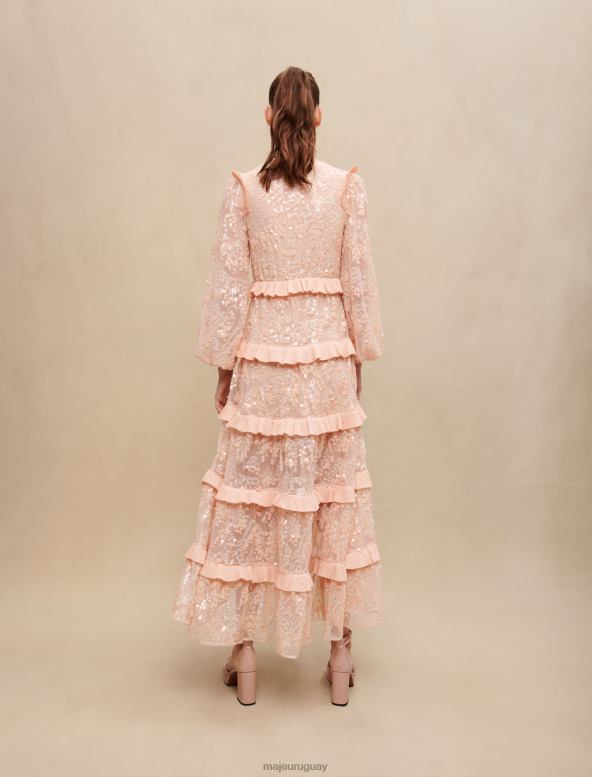 Maje vestido largo con lentejuelas y volantes ropa Rosa palido mujer 2J08B175