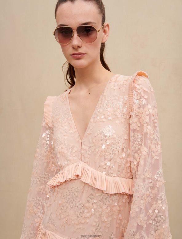 Maje vestido largo con lentejuelas y volantes ropa Rosa palido mujer 2J08B175