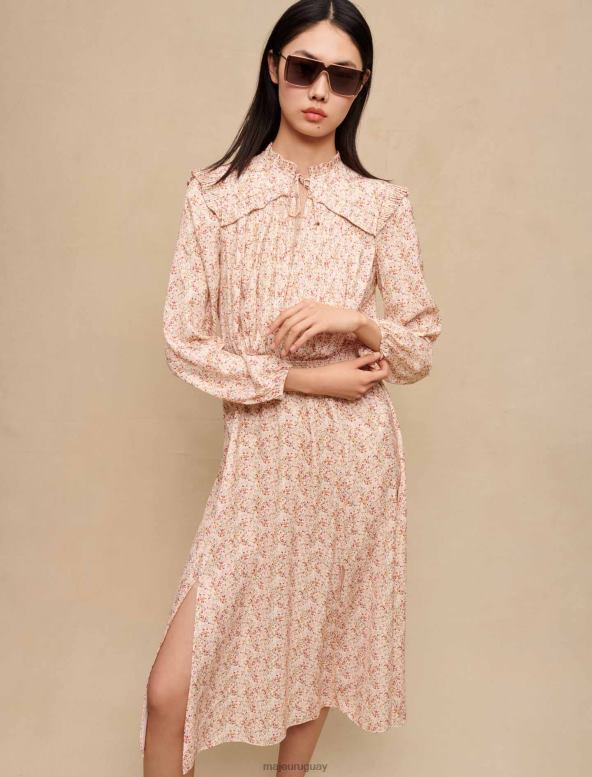 Maje vestido largo con volantes ropa micro flor crudo/fucsia mujer 2J08B422