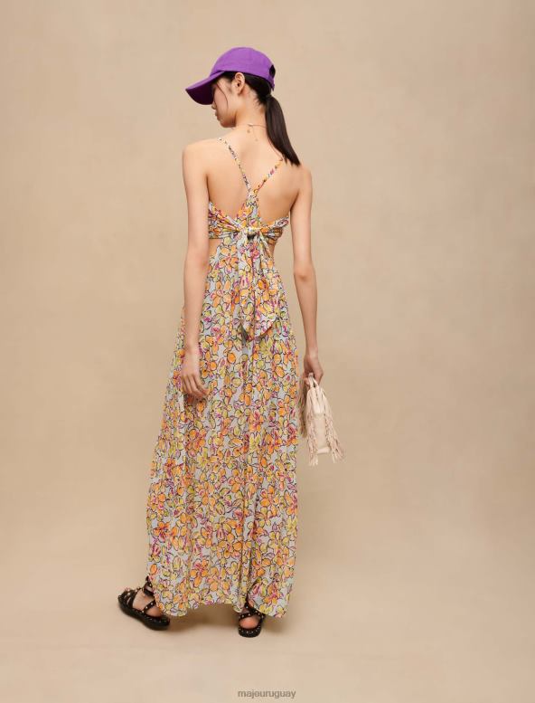Maje vestido largo floral con aberturas ropa hibisco azul naranja mujer 2J08B227