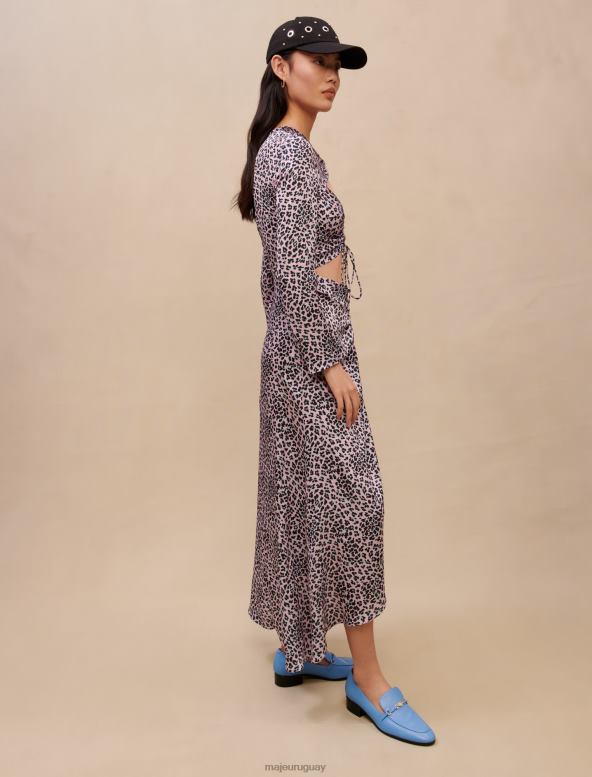 Maje vestido largo satinado con aberturas ropa leopardo rosa claro mujer 2J08B370