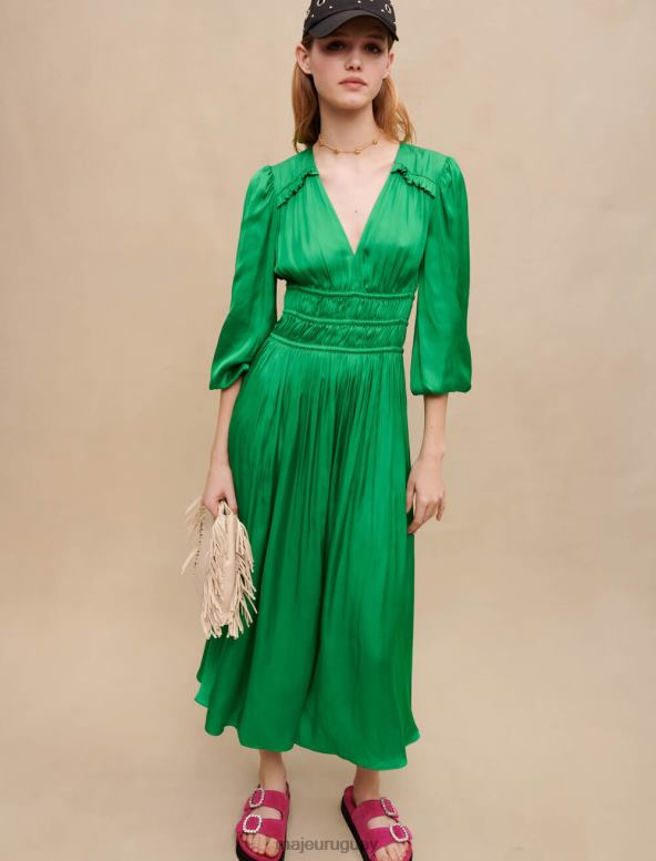 Maje vestido midi de satén con volantes ropa vert gazon mujer 2J08B183