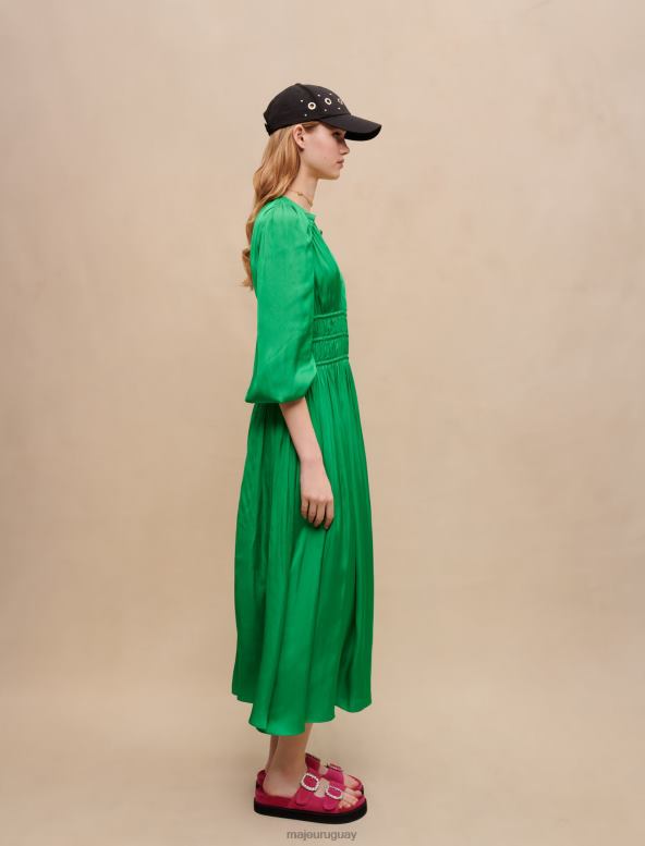 Maje vestido midi de satén con volantes ropa vert gazon mujer 2J08B183
