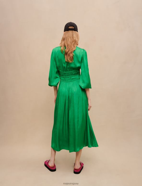 Maje vestido midi de satén con volantes ropa vert gazon mujer 2J08B183